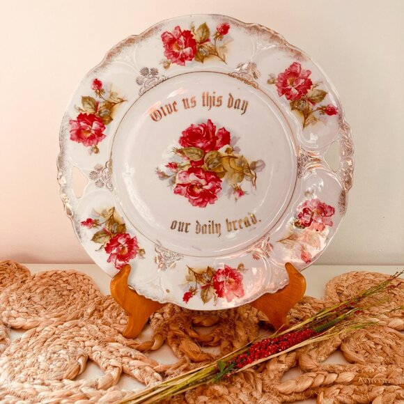 Vintage 1930's Give Us This Day Our Daily Bread Cake/Wall Plate - Pink Roses - Picture 2 of 10